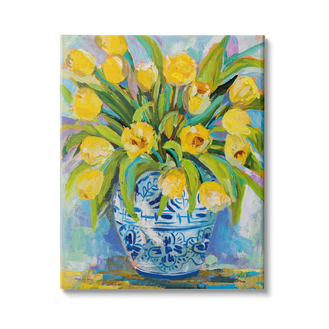 Stupell Industries Expressive Yellow Tulips in Ornate Blue Vase Painting Canvas Wall Art